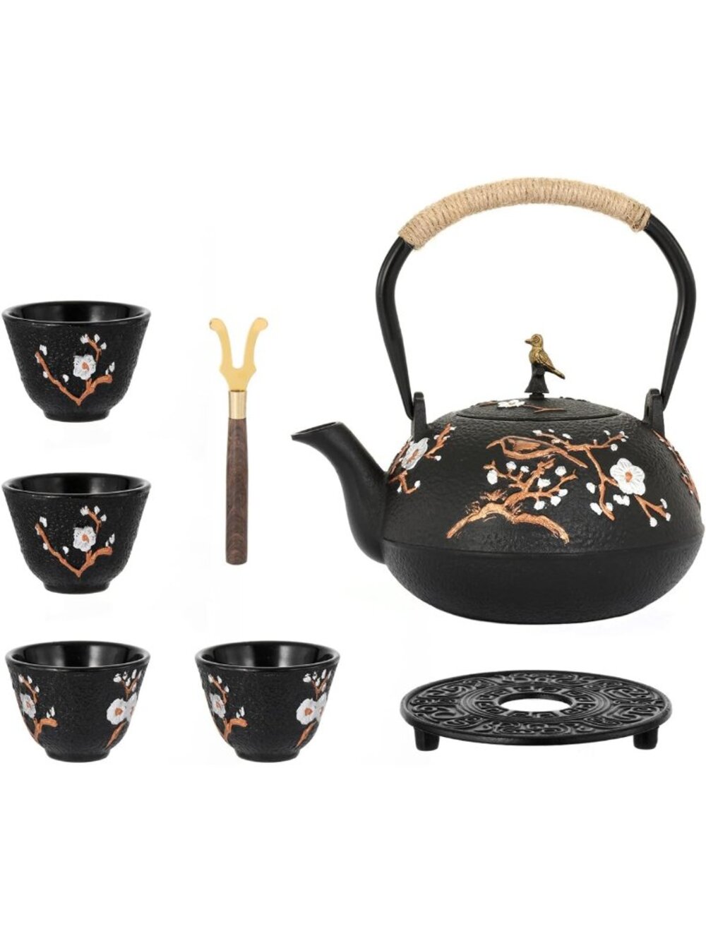 Elegant Cast Iron Teapot Set - 40.6oz Japanese Kettle with 4 Tea Cups, Perfect